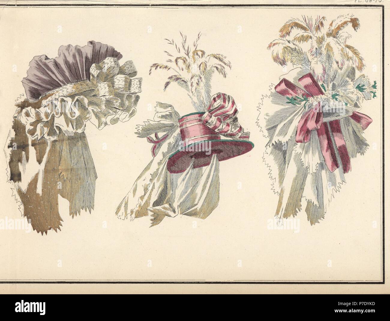 Fashionable hats of 1788. Demi-bonnet in violet gauze with white frills,  hat in pink taffeta with ribbons, gauze and feathers, and a pouf in Italian  gauze with ribbons and plumes. Handcoloured lithograph
