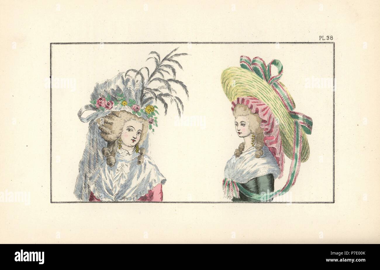 Bonnet a l'Iphigenie, a pouf in white gauze with flowers inspired by the  1779 opera by Gluck, and chapeau a la Colette, straw hat decorated with  ribbons. Handcoloured lithograph from Fashions and