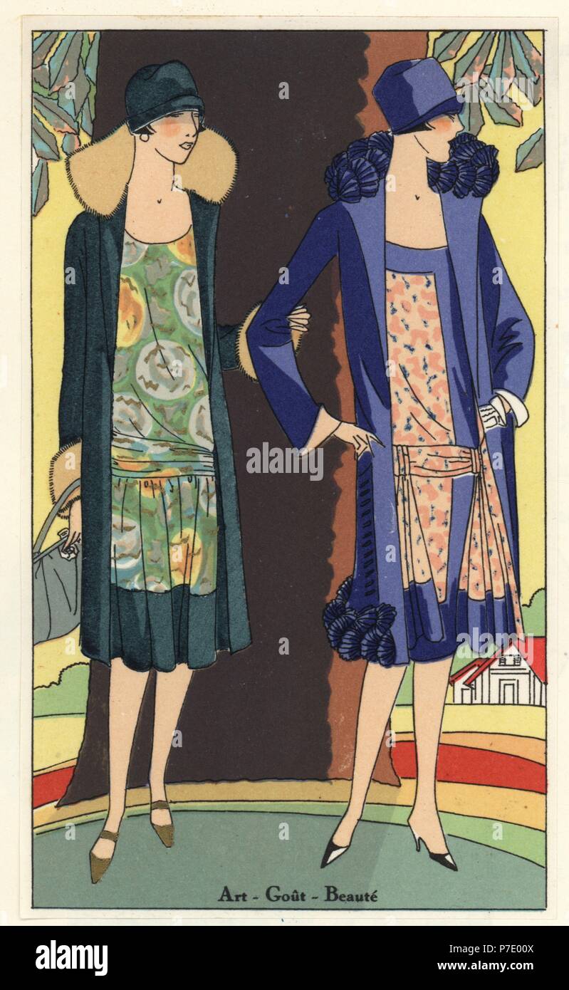 Women in afternoon ensembles in printed muslin and crepe georgette. Lithograph with pochoir (stencil) coloring from the luxury fashion magazine Art Gout Beaute, ABG, Paris, April 1926. Stock Photo