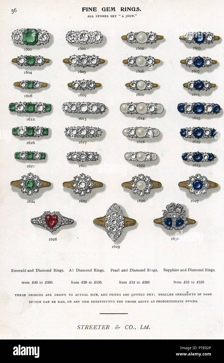Fine gem rings in emerald, diamond, pearl and sapphire