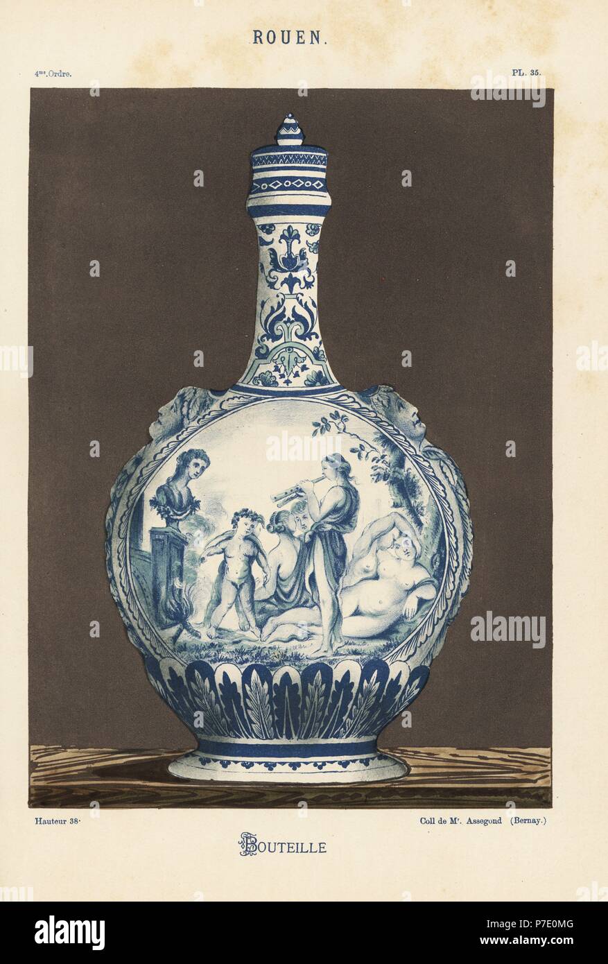 Decorative bottle from Rouen painted with a scene of a Roman rite. Hand-finished chromolithograph from Ris Paquot's General History of Ancient French and Foreign Glazed Pottery, Chez l'Auteur, Paris, 1874. Stock Photo