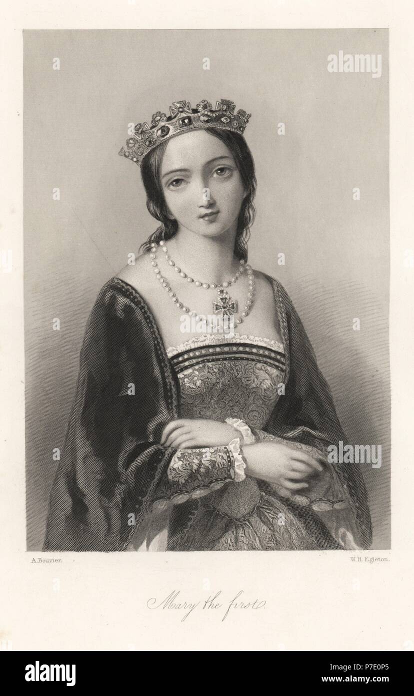 Queen Mary I of England, Bloody Mary. Steel engraving by W.H. Egleton after a portrait by A. Bouvier from Mary Howitt's Biographical Sketches of The Queens of England, Virtue, London, 1868. Stock Photo