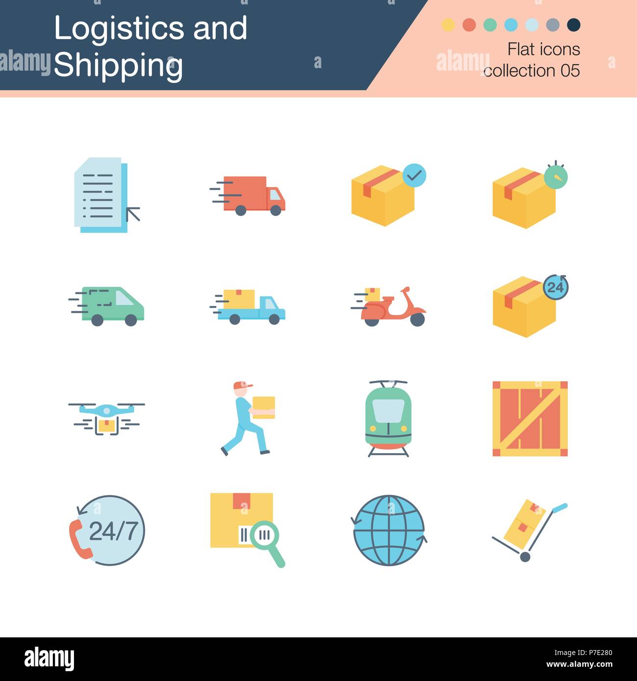 Logistics and Shipping icons. Flat design collection 5. For presentation, graphic design, mobile application, web design, infographics. Vector illustr Stock Vector