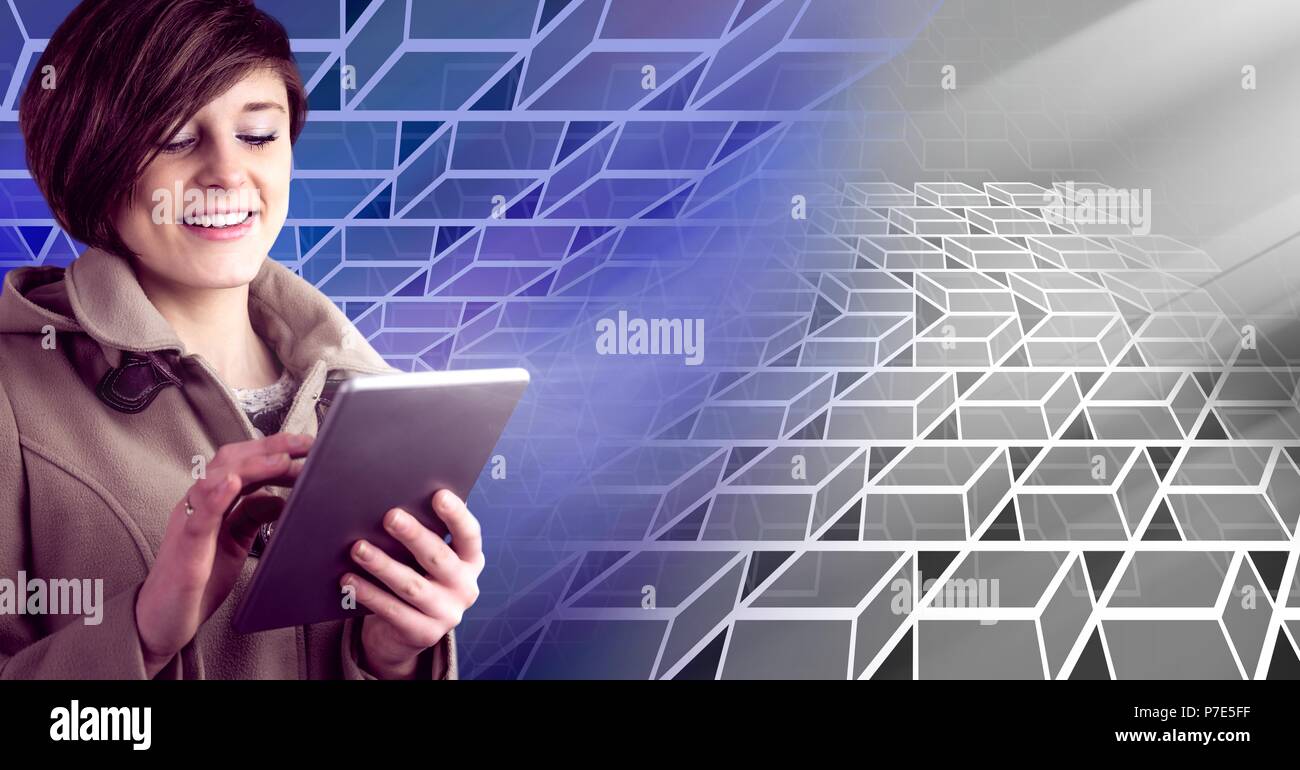 Woman using tablet with geometric transition Stock Photo
