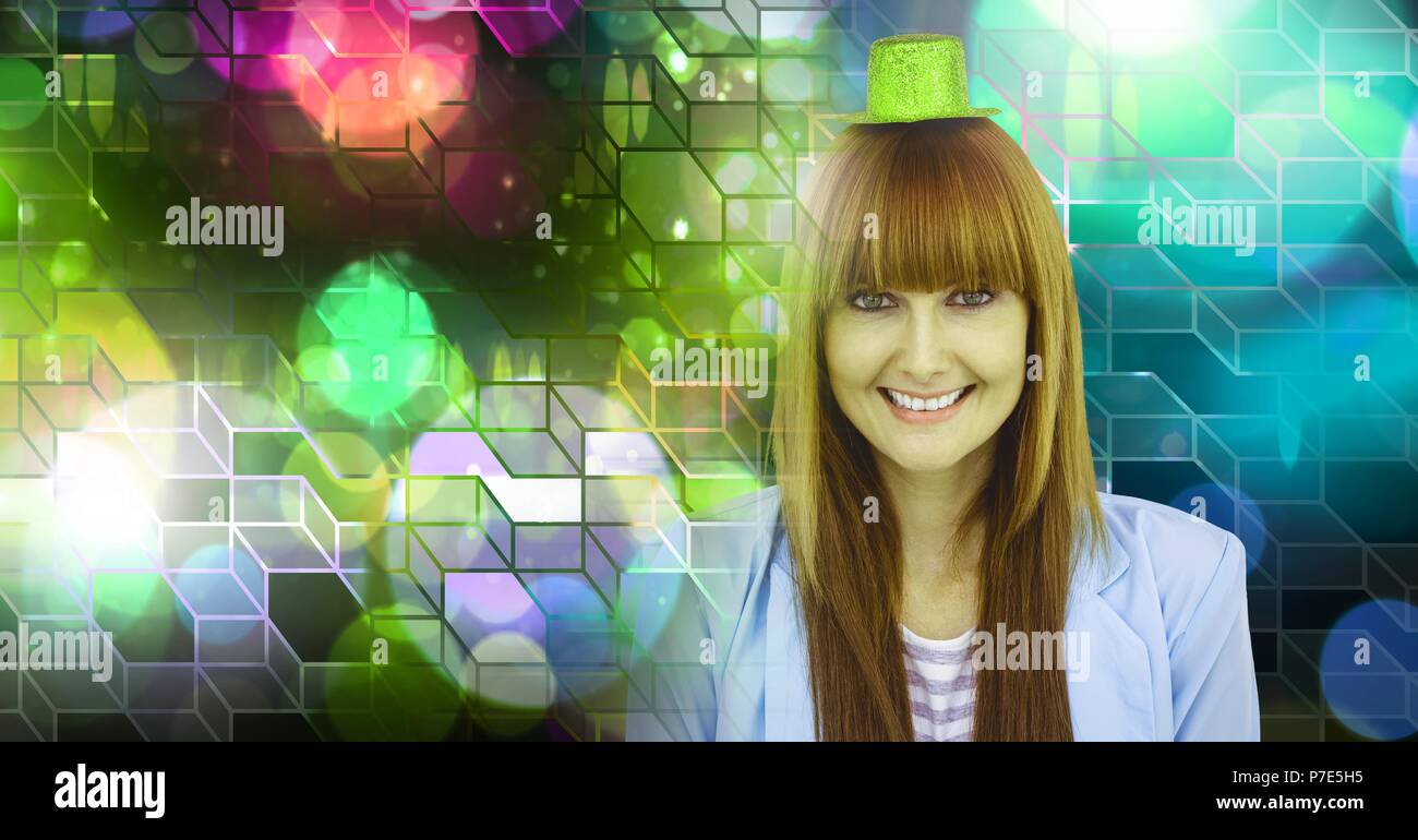 Fun party woman with geometric party lights venue atmosphere Stock Photo