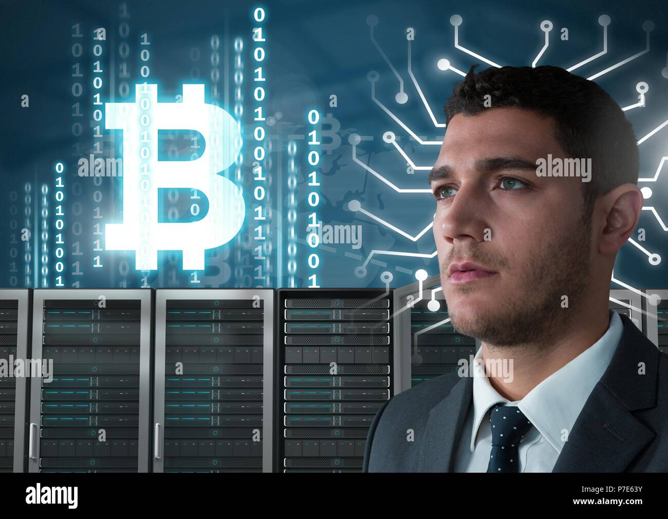 Man with computer servers and bitcoin technology information interface  Stock Photo - Alamy