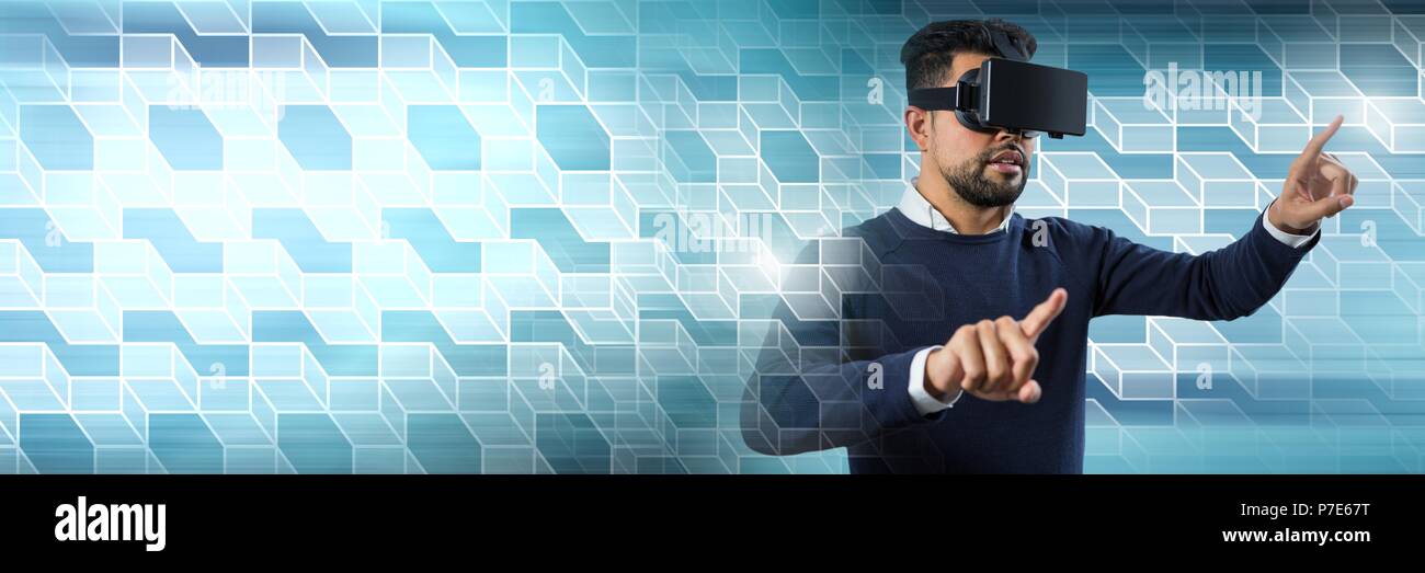 Man using virtual reality headset with geometric transitions Stock Photo