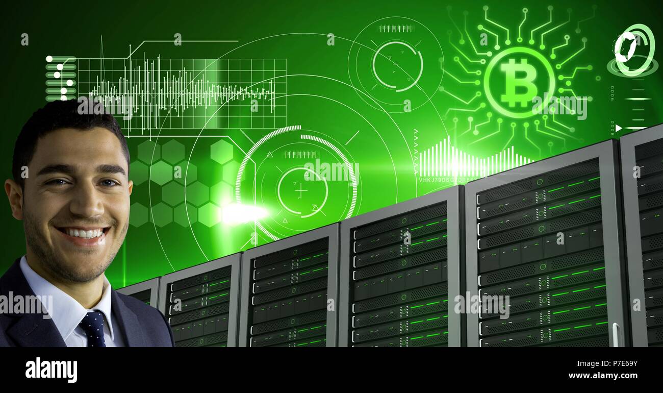 Man with computer servers and bitcoin technology information interface Stock Photo