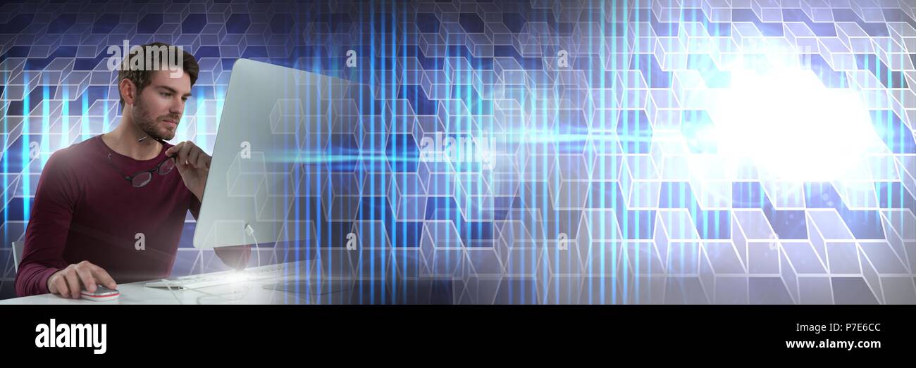 Man using computer with geometric transitions Stock Photo