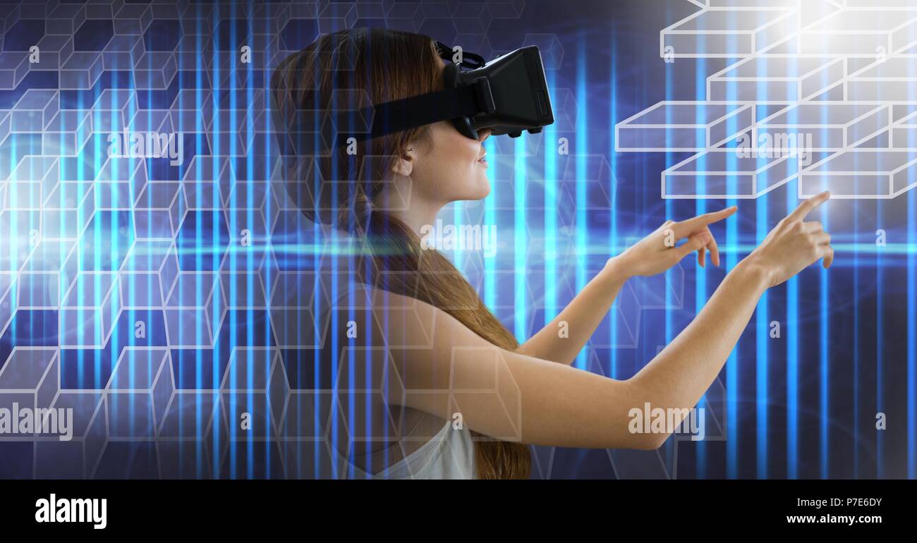 Man using virtual reality headset with geometric transition Stock Photo