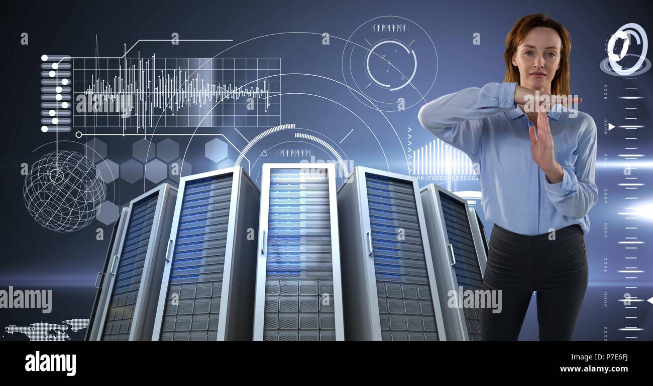 Woman with computer servers and technology information interface Stock ...