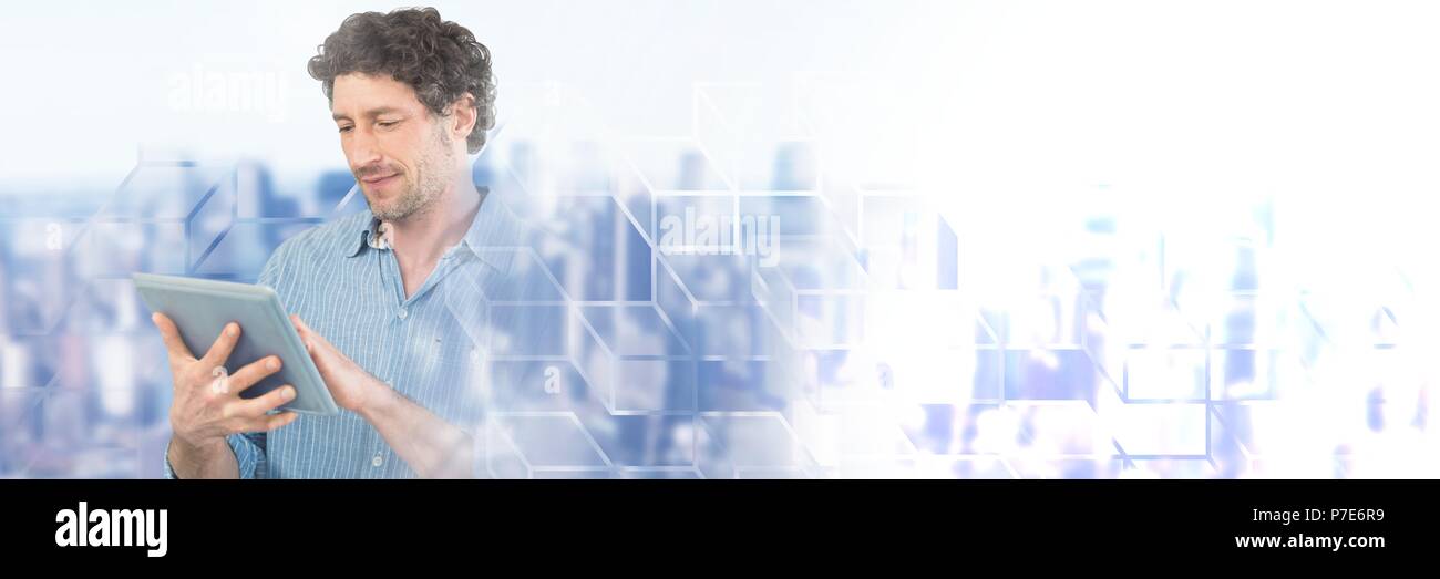 Man using tablet with geometric transitions Stock Photo
