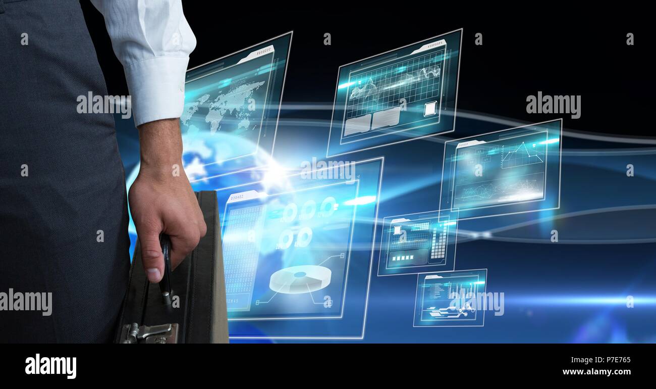 Man with computer servers and bitcoin technology information interface Stock Photo