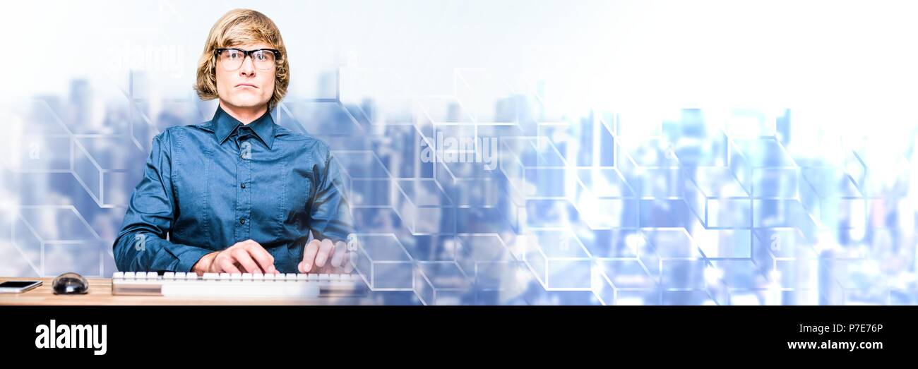 Man using computer with geometric transitions Stock Photo
