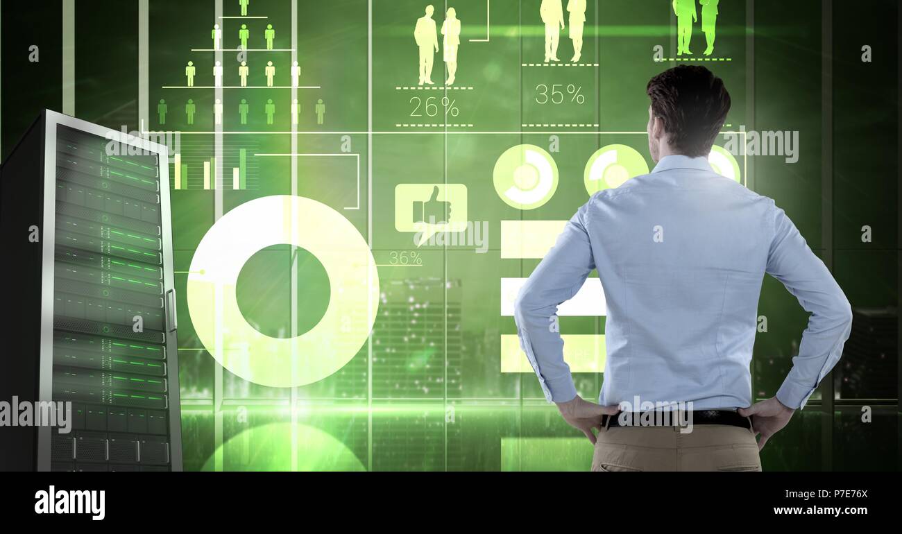 Man with computer servers and technology information interface Stock ...