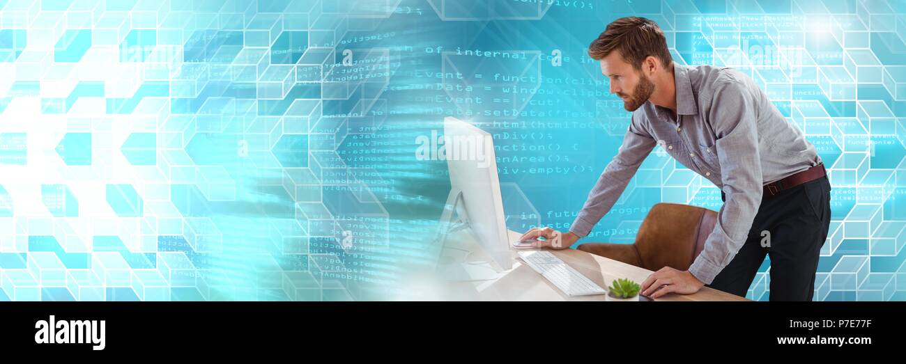Man using computer with geometric transitions Stock Photo