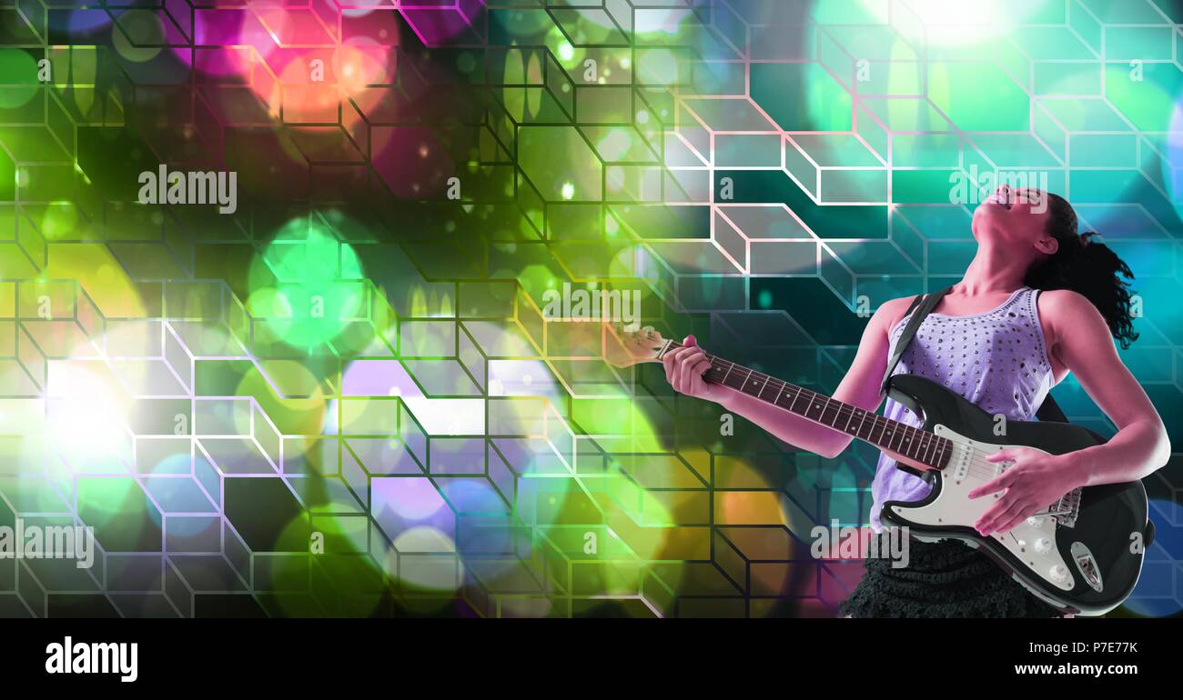 Musician woman playing guitar with geometric party lights venue atmosphere Stock Photo