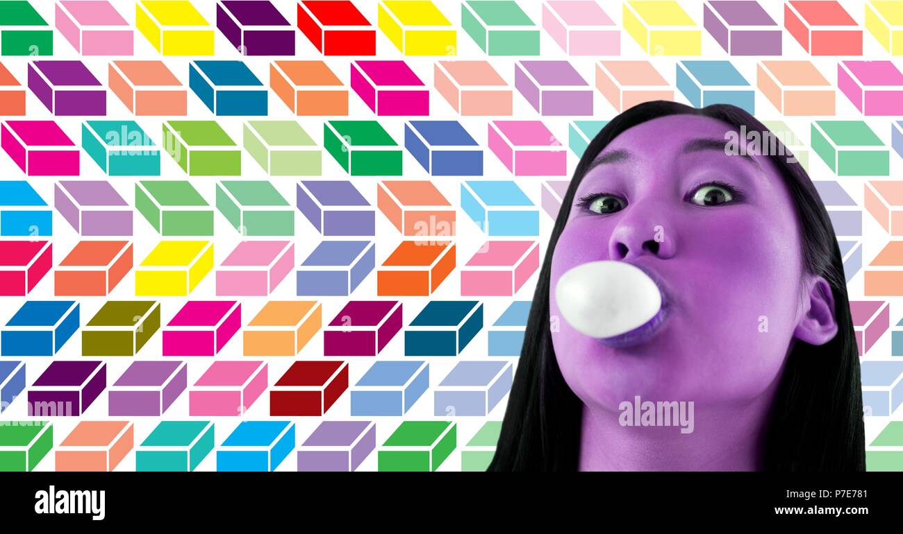 Purple woman blowing bubblegum candy with colorful geometric pattern Stock Photo