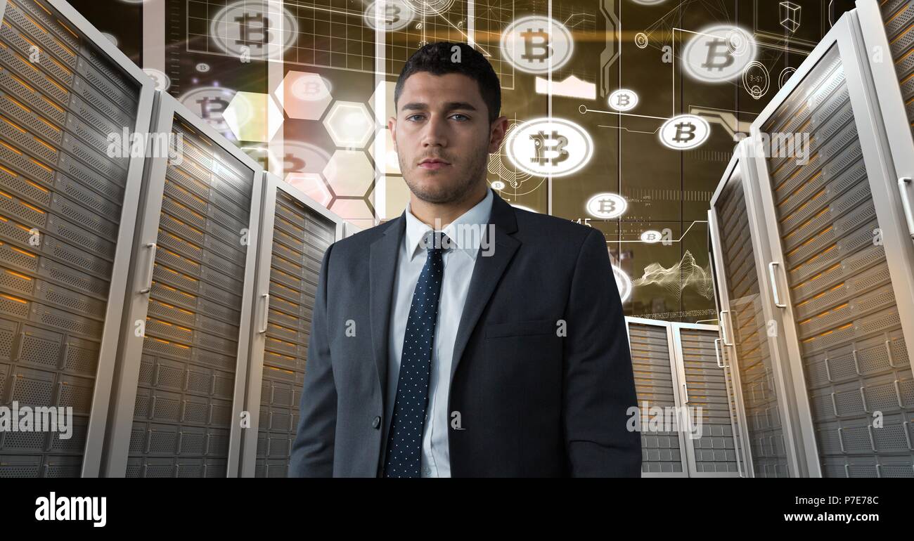 Man with computer servers and bitcoin technology information interface ...