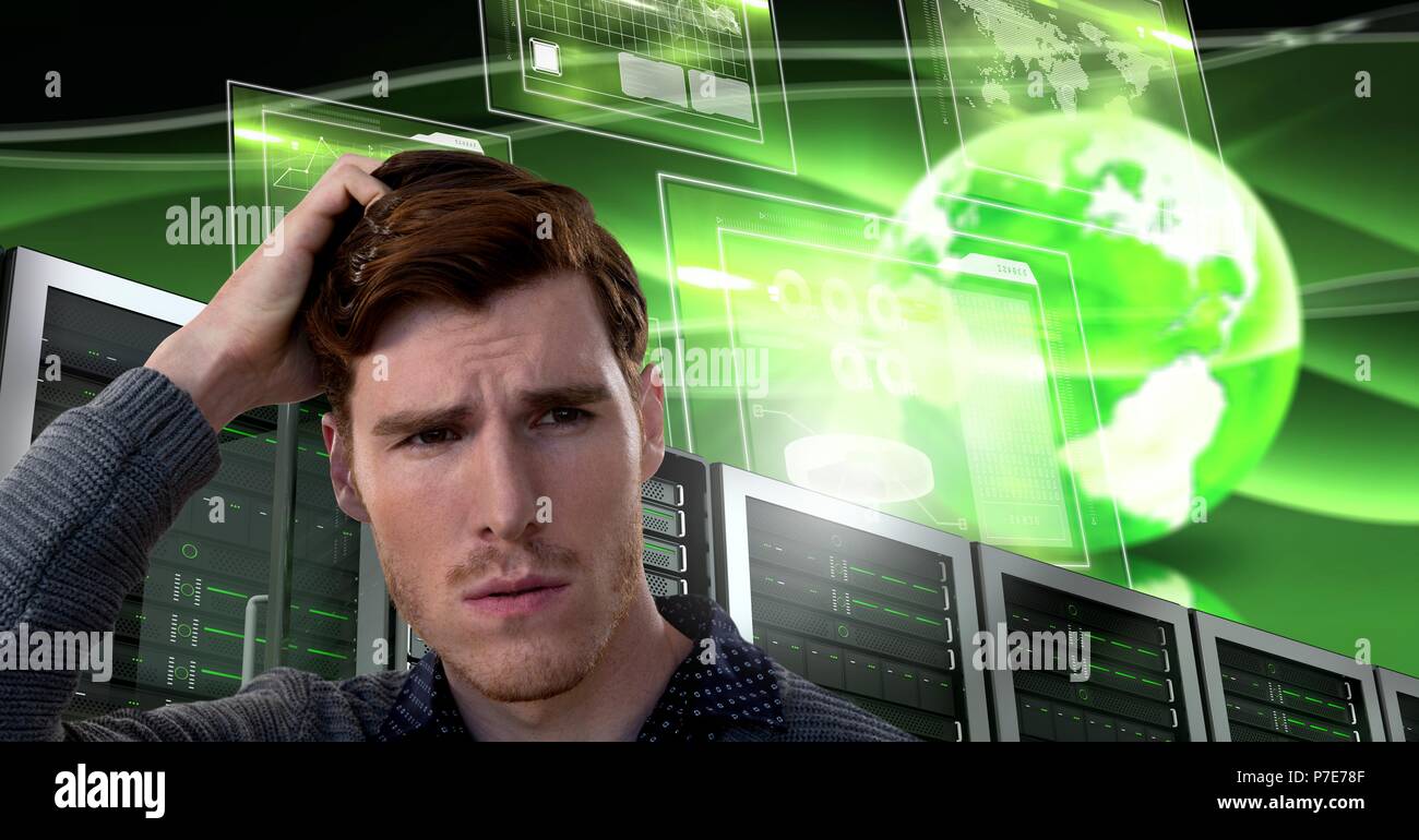Man with computer servers and technology information interface Stock ...