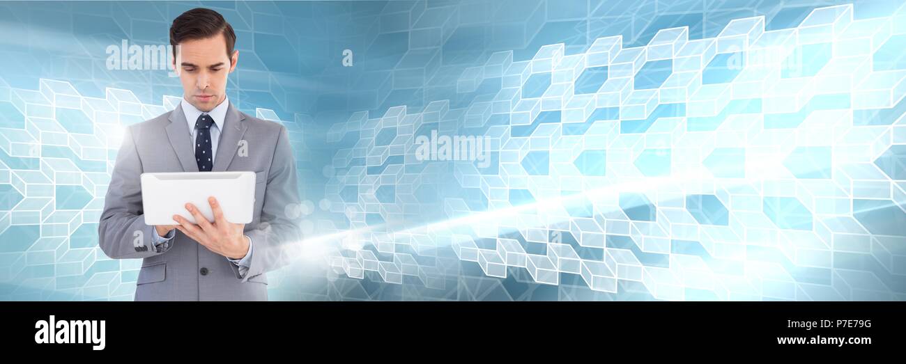 Man using tablet with geometric transitions Stock Photo
