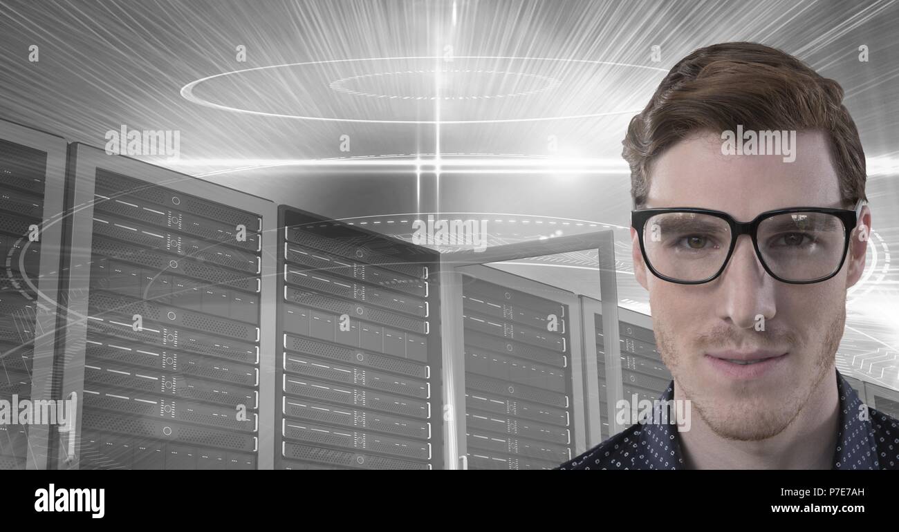 Man with computer servers and technology information interface Stock ...