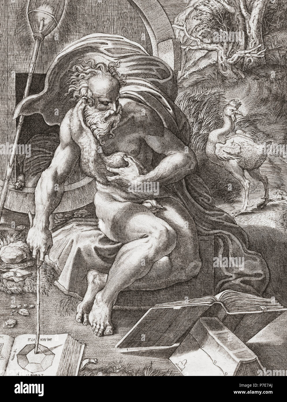 Diogenes, 3rd century BC Greek philosopher.  Engraved after a 16th century work by Parmigianino, 1503–1540, proper name Girolamo Francesco Maria Mazzola and also known as Francesco Mazzola 1503–1540. Stock Photo