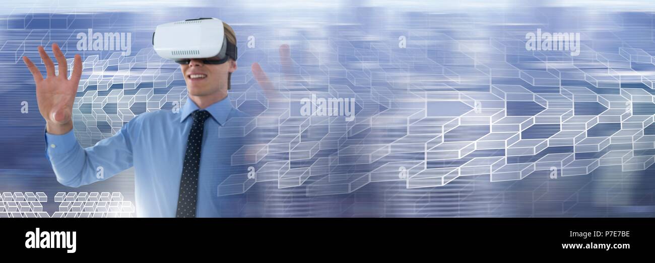 Man using virtual reality headset with geometric transitions Stock Photo
