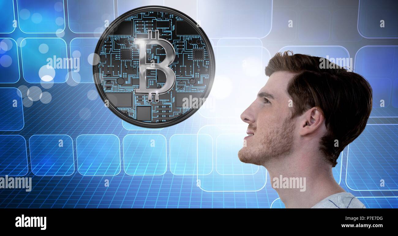 Man with computer servers and bitcoin technology information interface Stock Photo