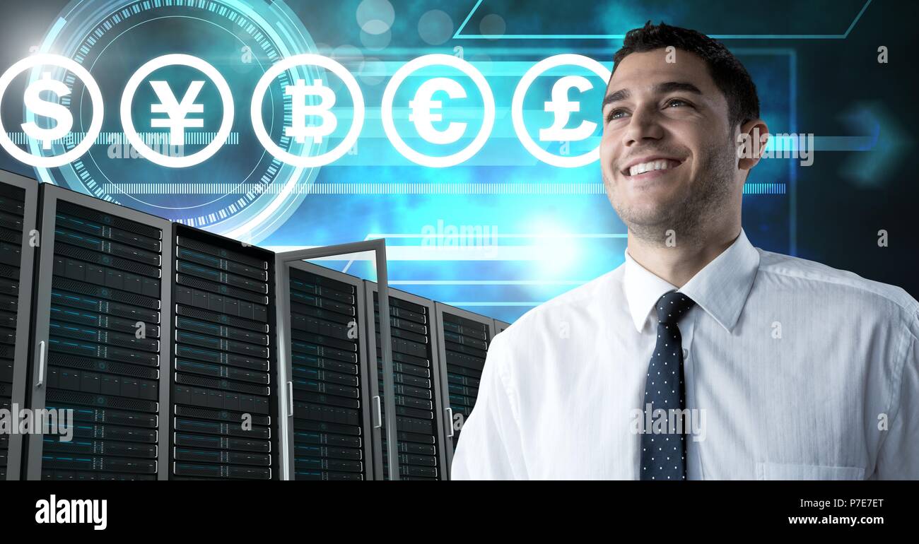Man with computer servers and bitcoin technology information interface Stock Photo