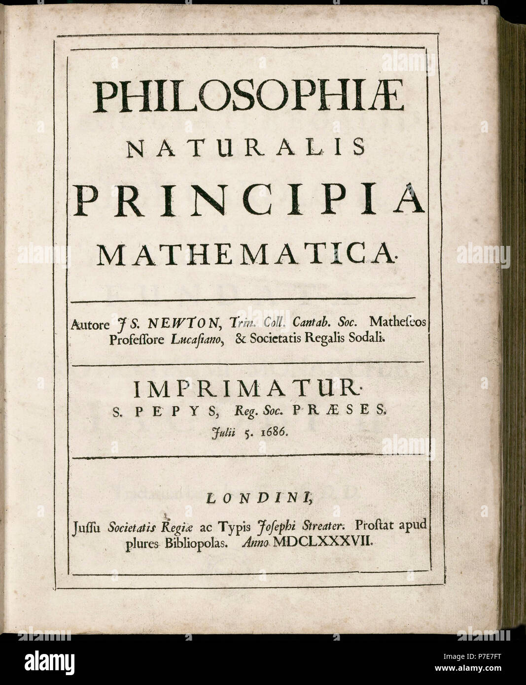 Philosophiæ Naturalis Principia Mathematica, by Isaac Newton.  (Mathematical Principles of Natural Philosophy).  Title page of first edition dated July 5, 1687. Stock Photo