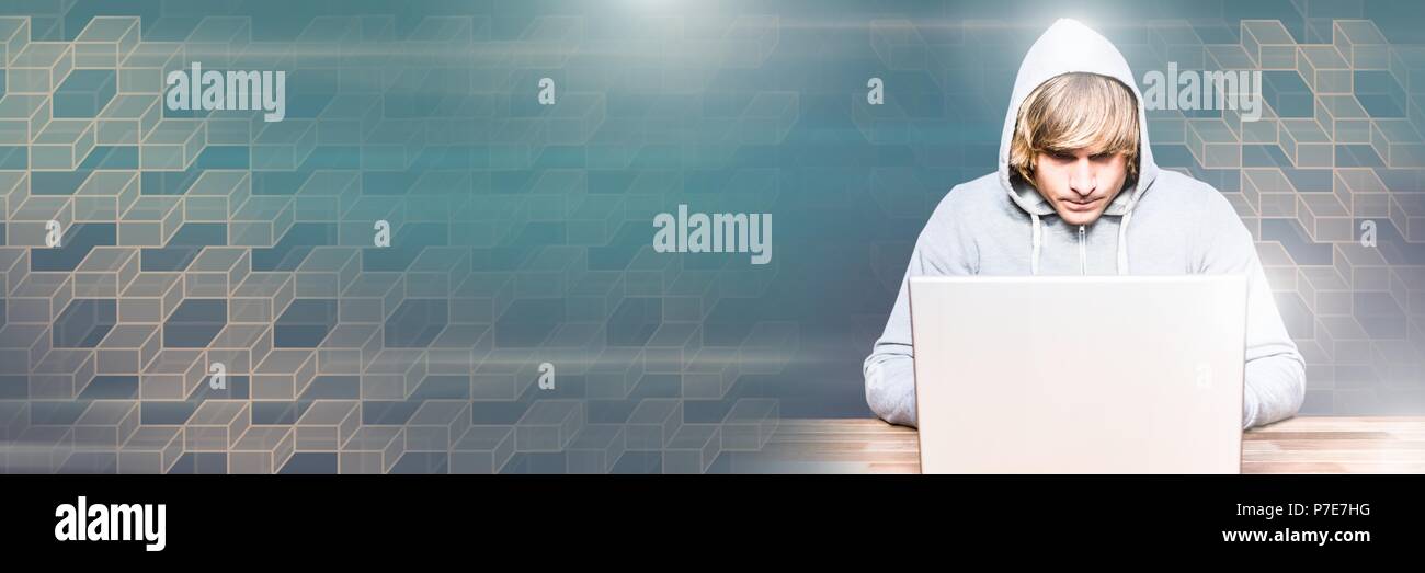 Man using laptop with geometric transitions Stock Photo