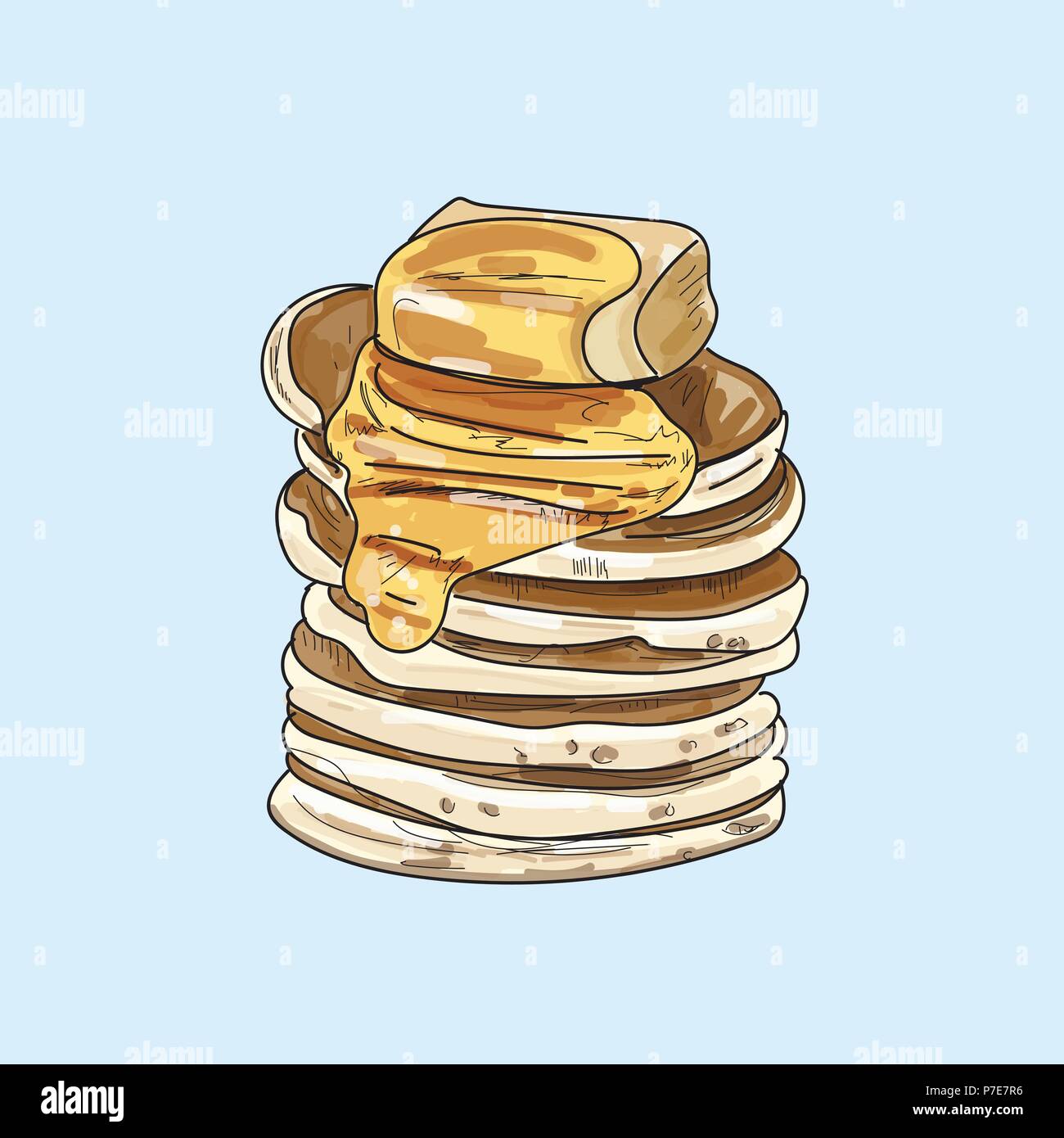 Vector pancakes illustration on pastel background. Stock Vector