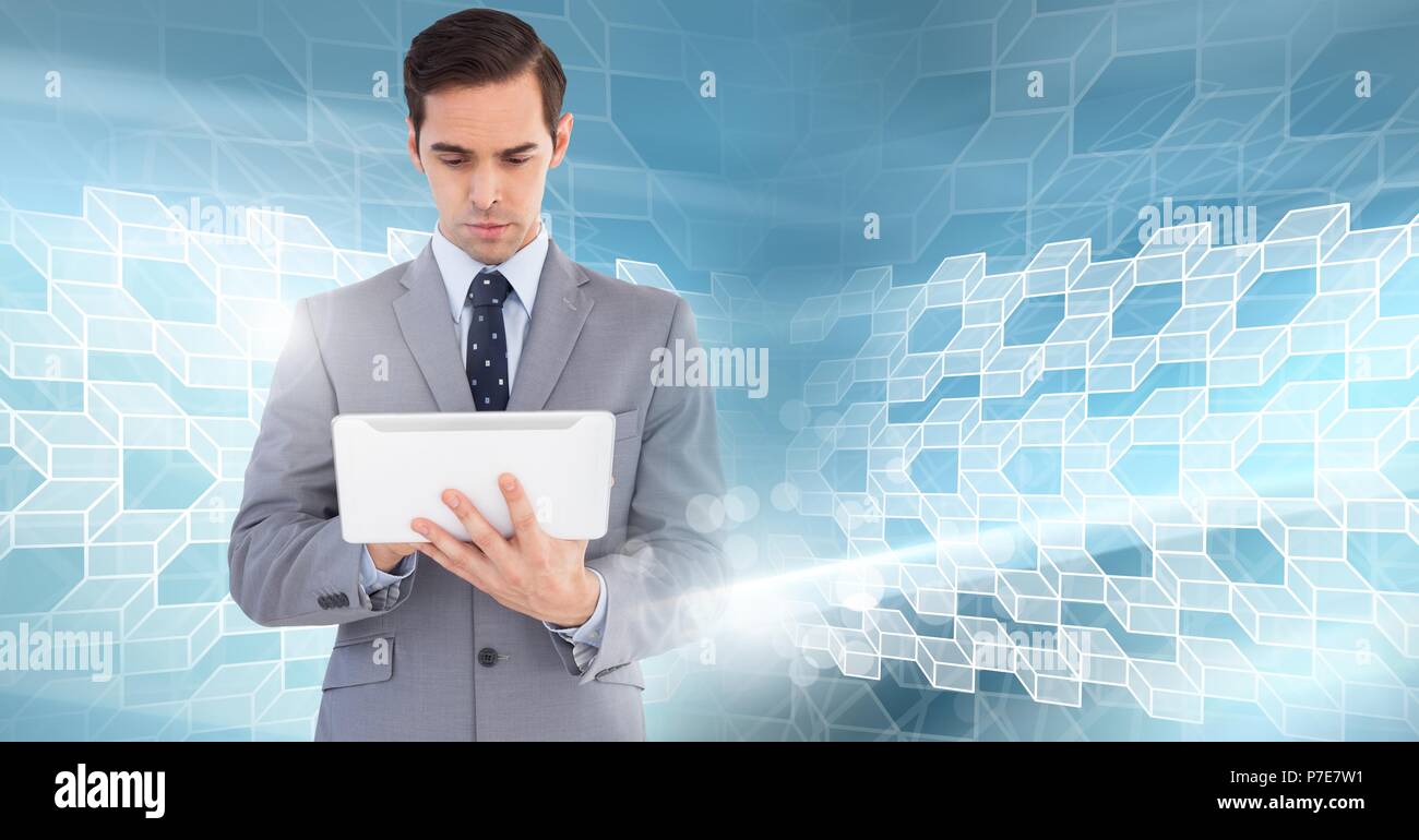 Man using tablet with geometric transition Stock Photo