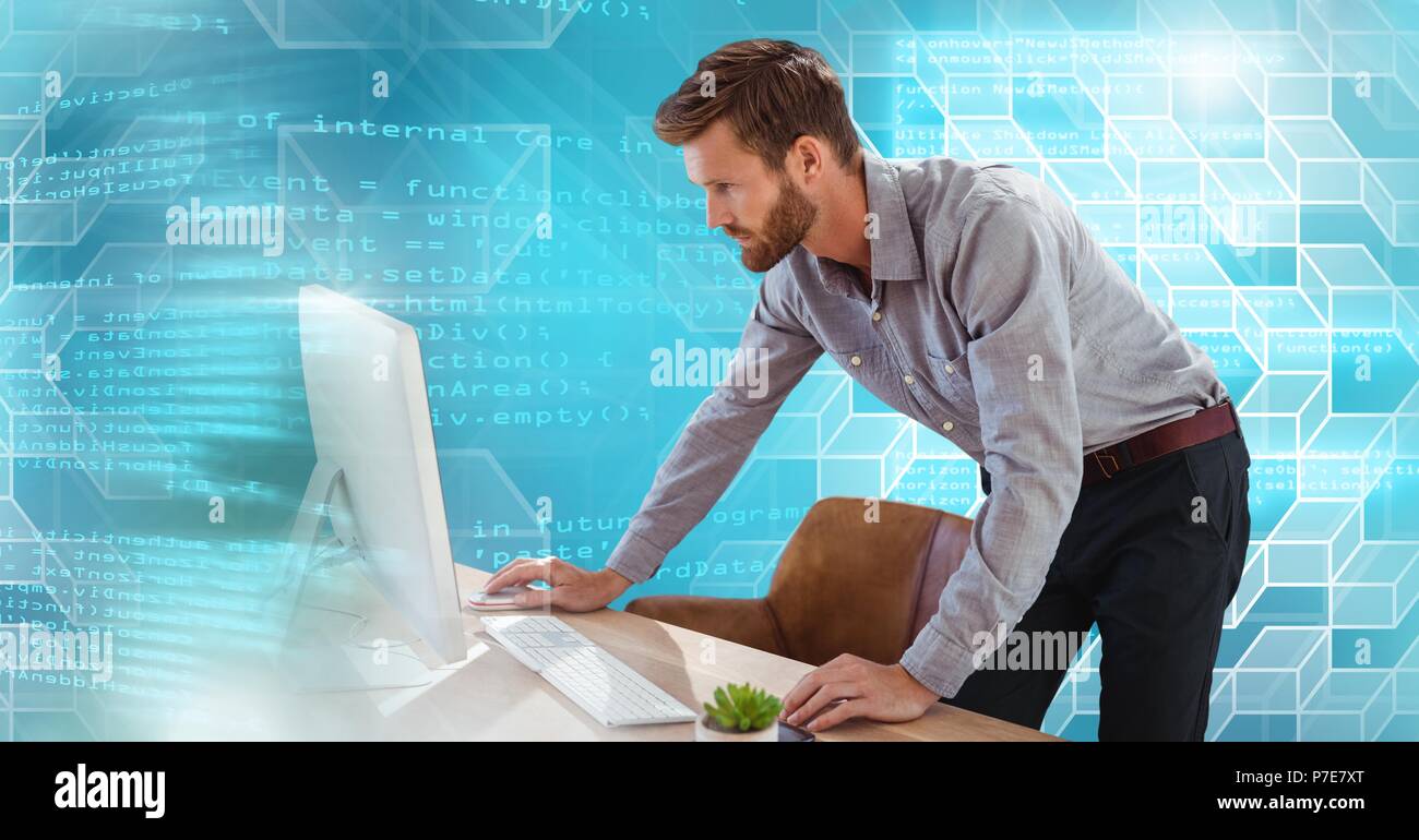 Man using computer with geometric code transition Stock Photo