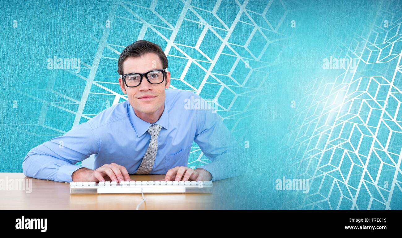 Man using computer with geometric transition Stock Photo