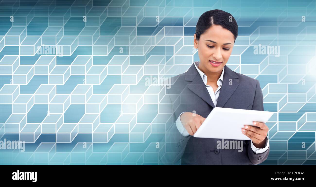 Woman using tablet with geometric transition Stock Photo