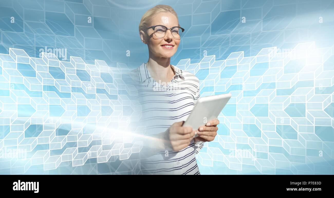 Woman using tablet with geometric transition Stock Photo
