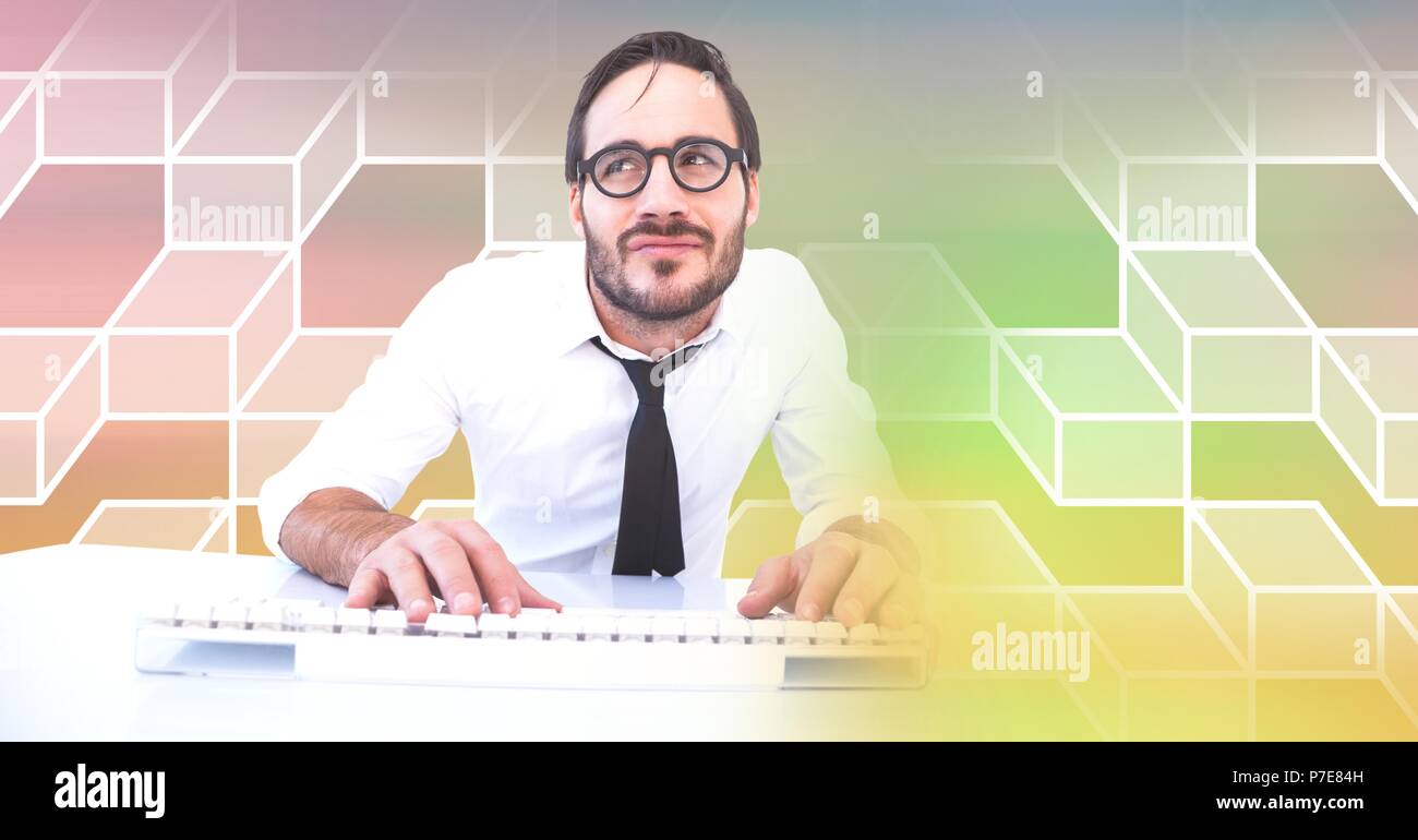 Man using computer with geometric transition Stock Photo