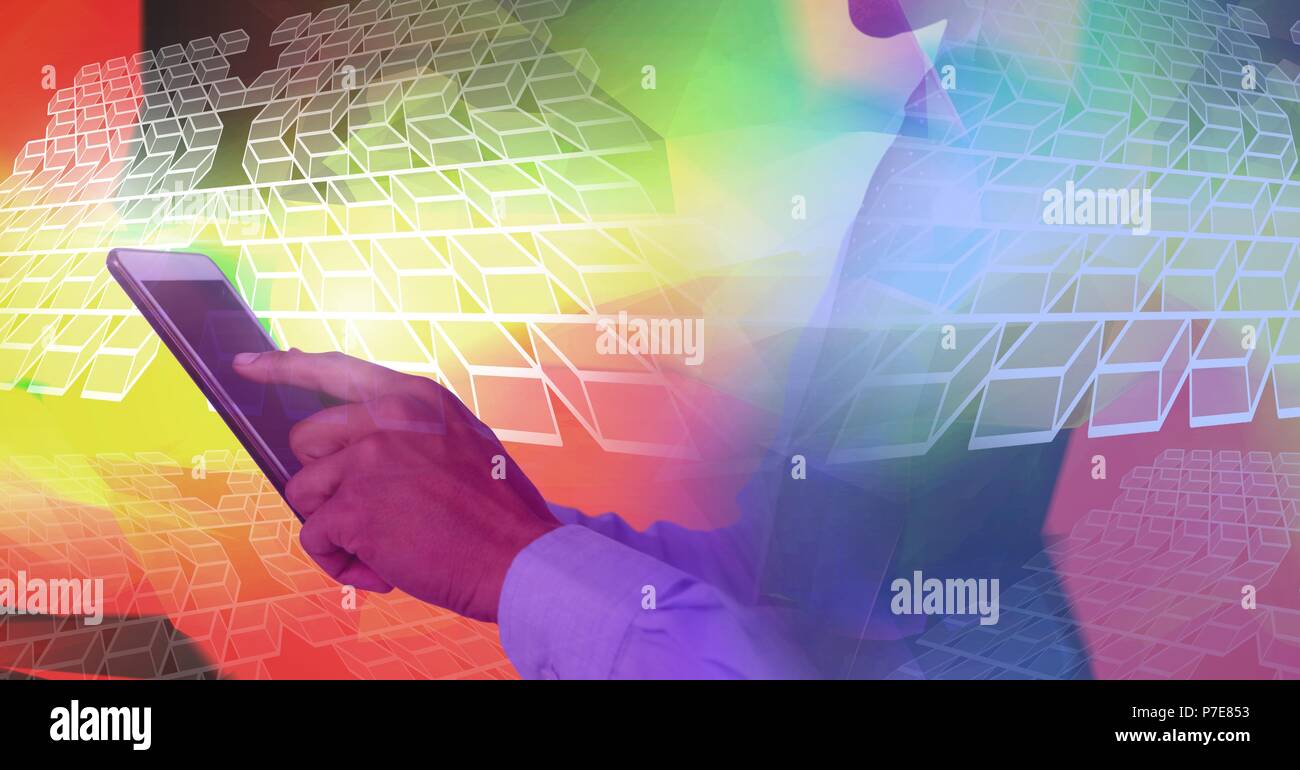 Hand using tablet with geometric transition Stock Photo