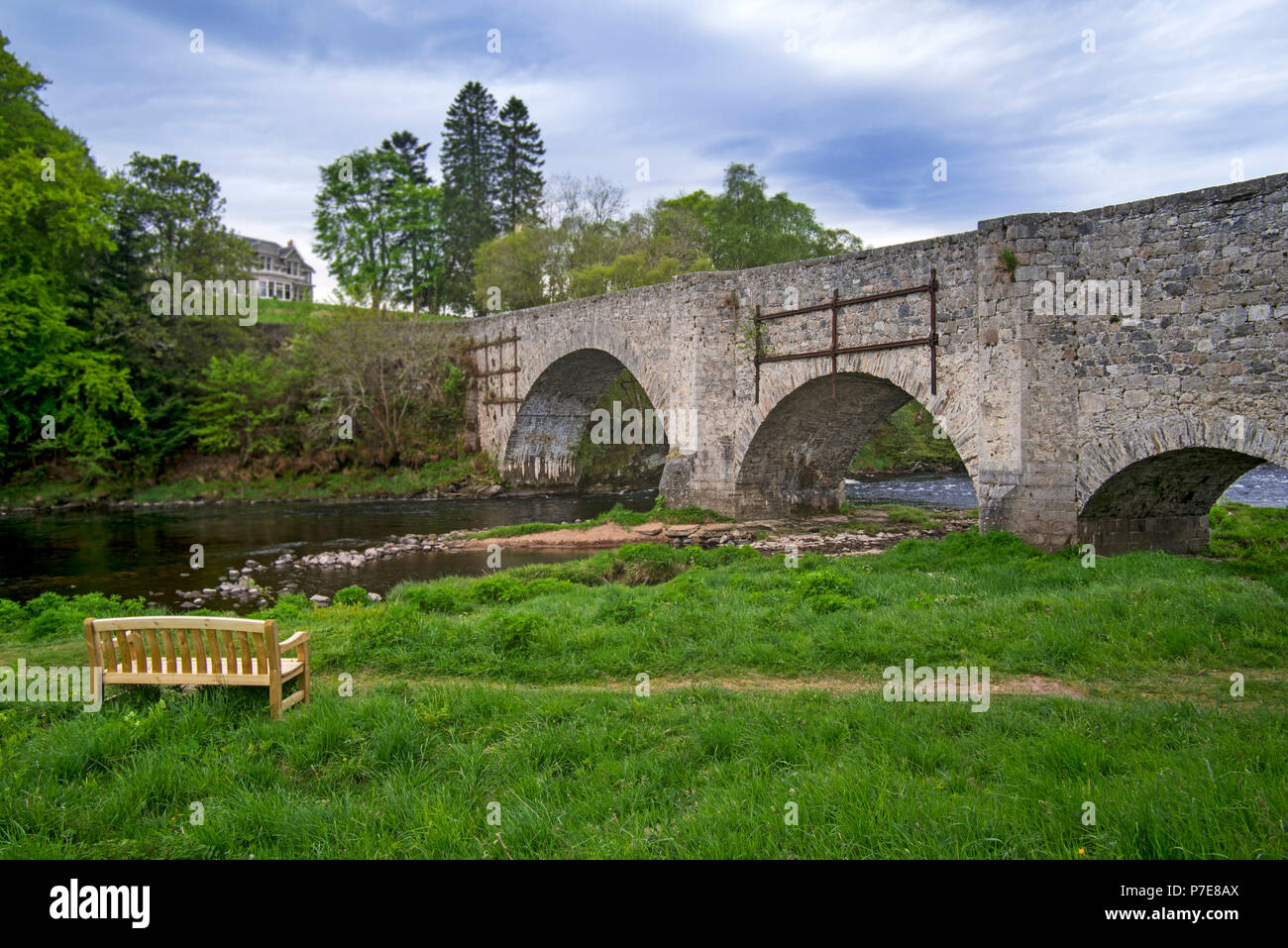 18th century Old Spey Bridge over the River Spey at Grantown-on-Spey, Moray, Highland, Scotland, UK Stock Photo