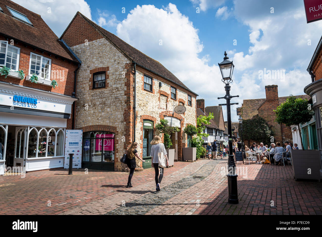 Shops and cafes in Lion and Lamb Yard, Farnham, Surrey. England, UK