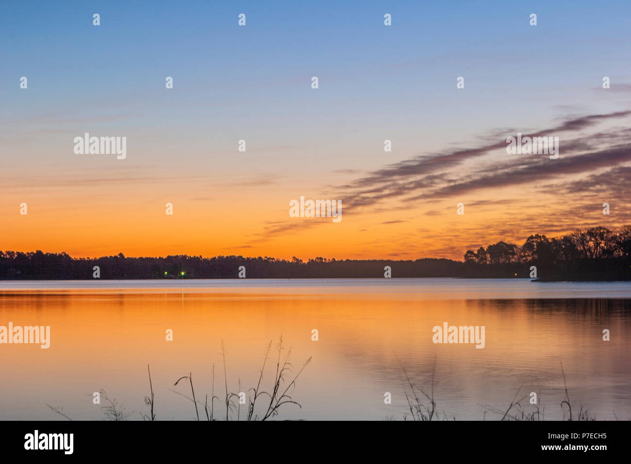 Sunrise on Houston County Lake near Crockett, TX. Stock Photo