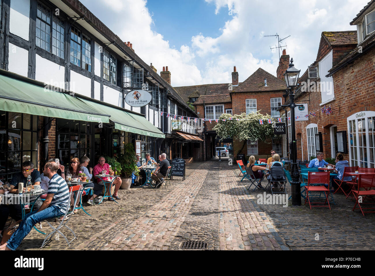 Shops and cafes in Lion and Lamb Yard, Farnham, Surrey. England, UK