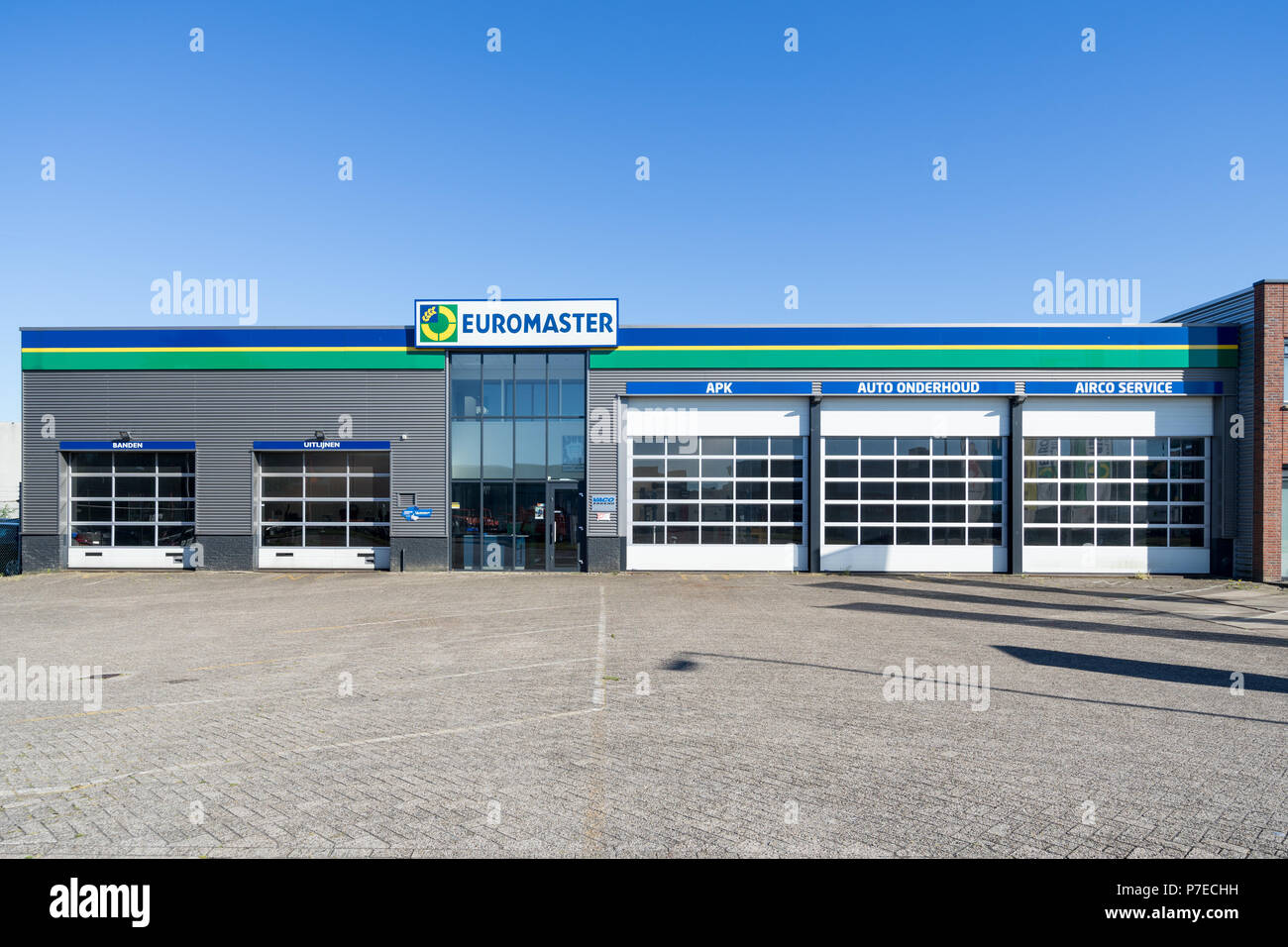Euromaster garage. Euromaster offers tire services and vehicle maintenance across Europe and is a subsidiary of the tire maker Michelin. Stock Photo