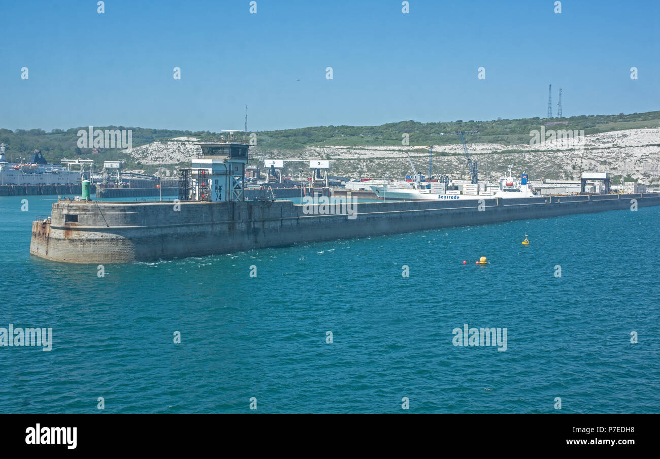 Dover harbour and sea wall see from Car Ferry outside the harbour Stock Photo