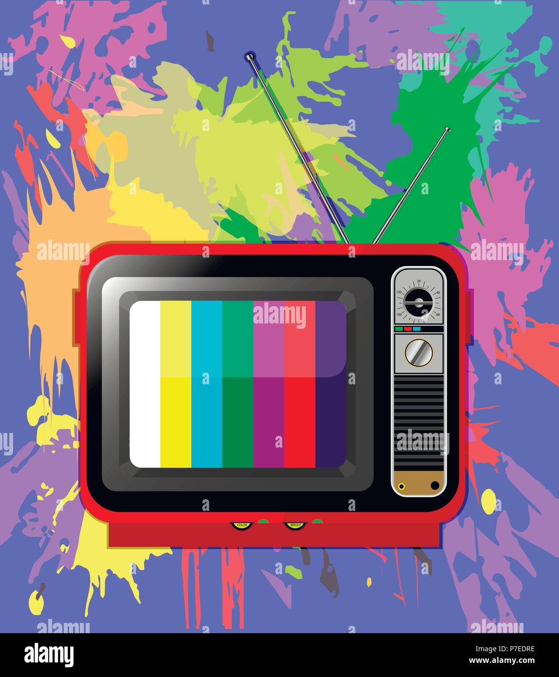 old color TV with antenna with multi-colored background of blots Stock Vector
