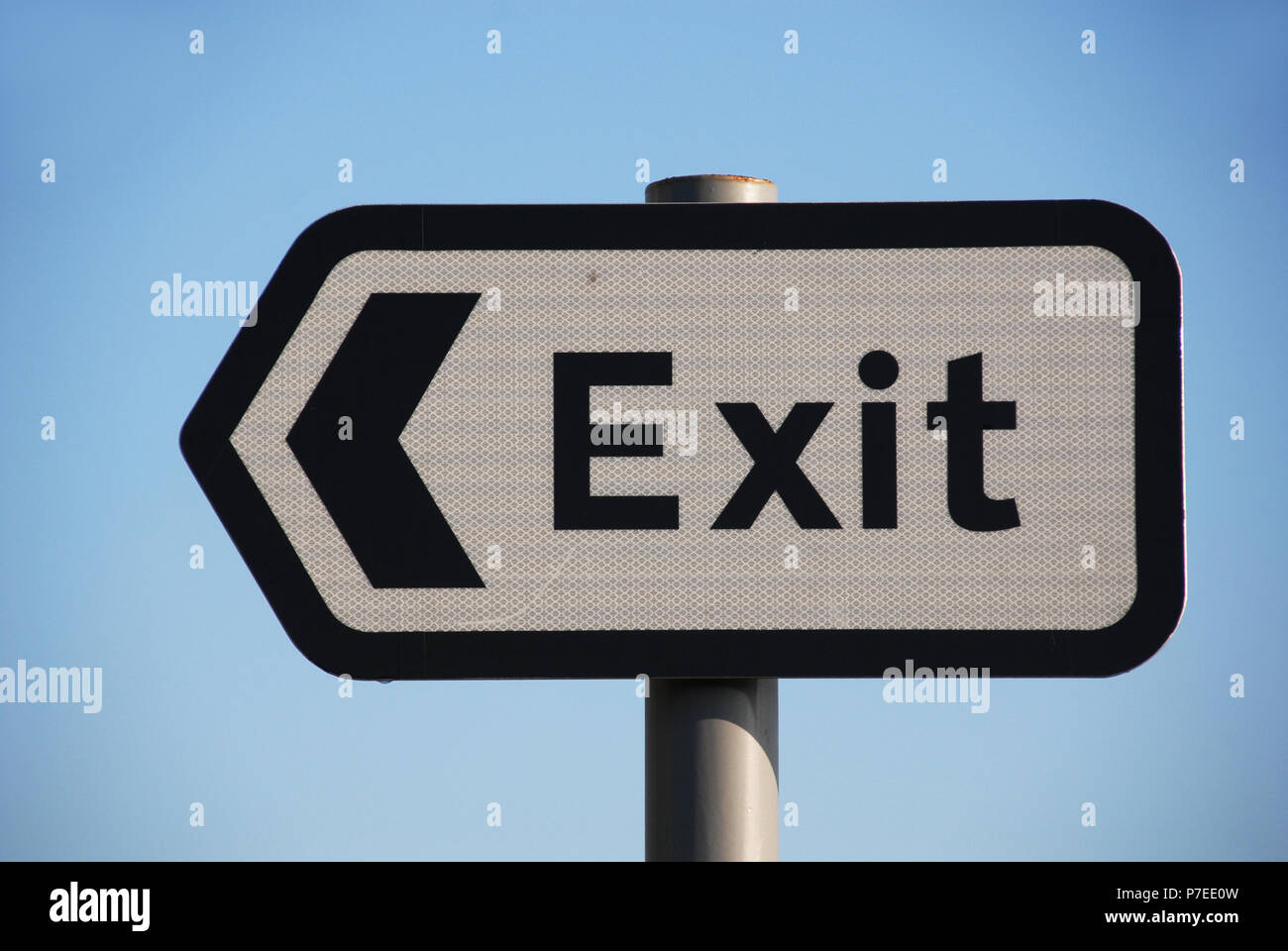 A sign saying way out of the Doncaster Sheffield Airport, formerly named Robin Hood Airport Doncaster Sheffield, Stock Photo