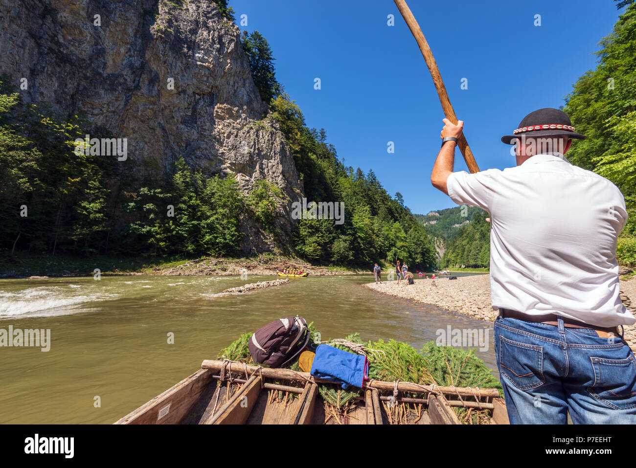 Sromowce Nizne, Poland - August 8, 2016. Typical polish raftsman rafts ...