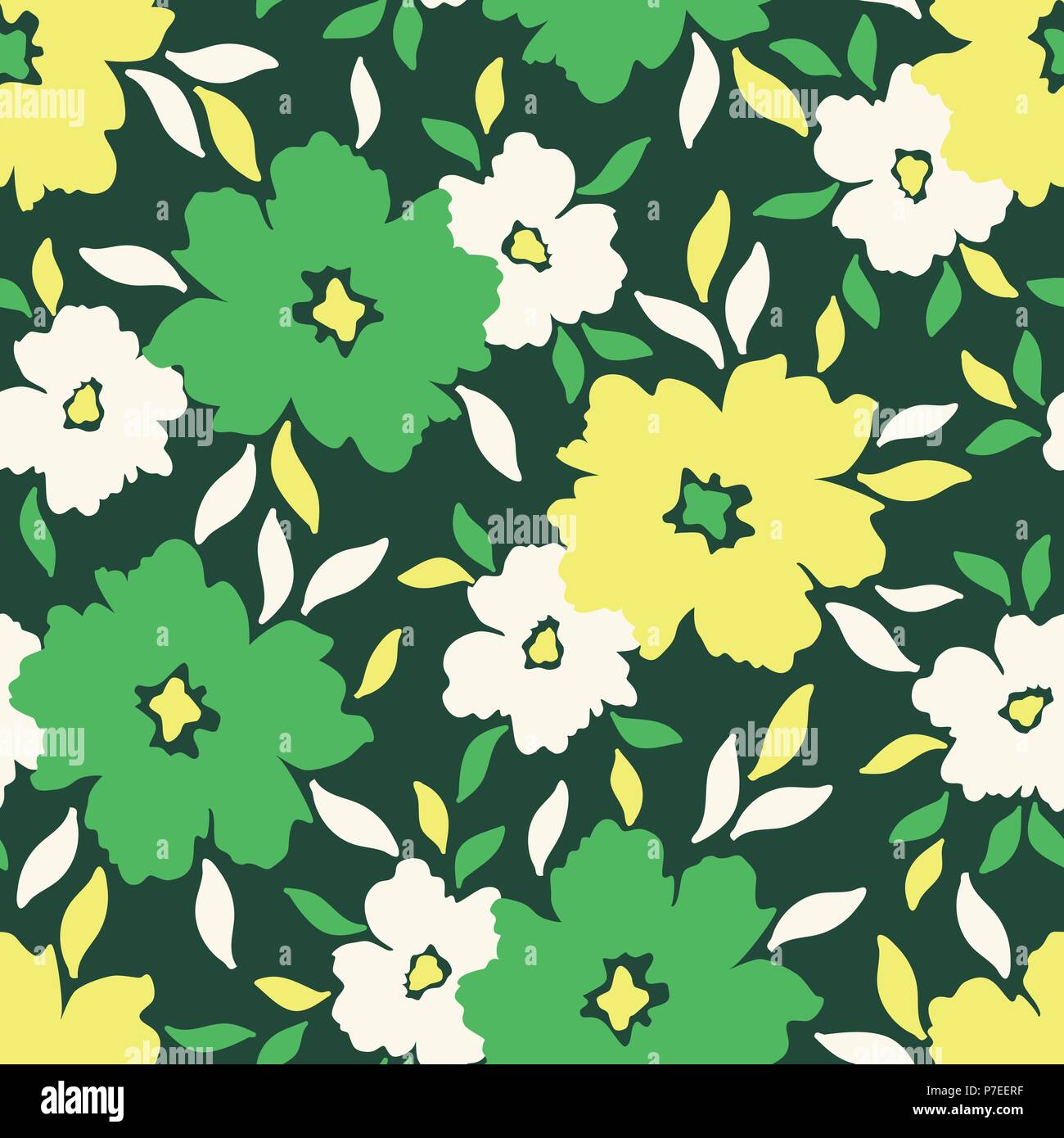 Colourful graphic large scale floral vector seamless pattern in green shades. Simplistic oversized hand drawn blooms scattered on emerald green backgr Stock Vector